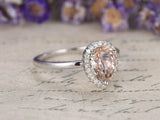 2ct Pear Cut Peach Morganite Diamond Halo Solitaire Ring 14k White Gold Finish