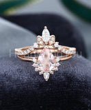 2ct Pear Cut Simulated Morganite Crown Curved Bridal Set 14k Rose Gold Plated