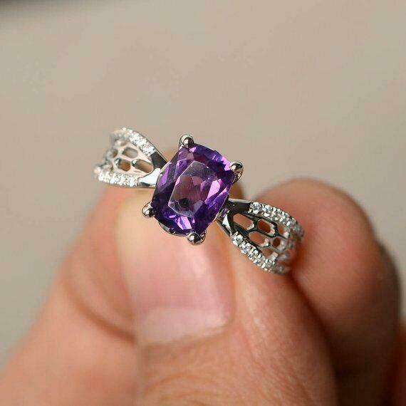 2.5ct Cushion Cut Purple Amethyst Diamond Engagement Ring 14k White Gold Finish