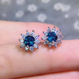 2.5ct Stud Earrings Round Cut Blue Sapphire Diamond Floral 14k White Gold Finish