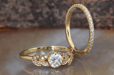 Leaf Bridal Set Engagement Ring 2.5ct Round Cut Diamond 14k Yellow Gold Finish