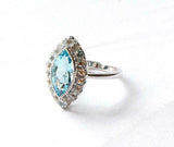 1.7ct Marquise Blue Aquamarine Engagement Ring Milgrain Halo 14k White Gold Over