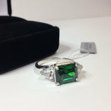 2.5ct Green Emerald Diamond Accent Trilogy Engagement Ring 14k White Gold Finish