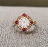 2Ct Round Cut Diamond Ruby Vintage Halo Engagement Ring 14K Yellow Gold Finish