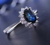 2.35ct Engagement Ring Oval Cut Blue Sapphire Halo Floral 14k White Gold Finish