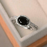 2ct Engagement Ring Oval Cut Black Diamond Halo Bridal Set 14k White Gold Finish