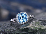 2.2ct Cushion Cut Blue Topaz Engagement Ring Diamond Halo 14k White Gold Finish