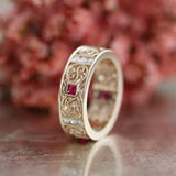 1ct Princess Cut Pink Ruby Filigree Wedding Band Ring 14k Yellow Gold Finish