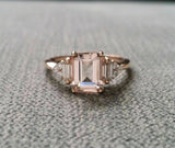3.5ct Emerald Cut Peach Morganite Bridal Set Engagement Ring 18K Rose Gold Over