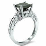 3ct Princess Cut Black Diamond Vintage Engagement Ring 14K White Gold Finish