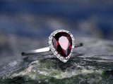1.5Ct Pear Cut Red Garnet Solitaire Halo Engagement Ring 18K White Gold Finish