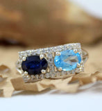 2.5ct Engagement Ring Oval Blue Sapphire Rectangular Halo 14k White Gold Over
