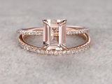 2ct Emerald Cut Peach Morganite Engagement Ring Bridal Set 14k Rose Gold Finish