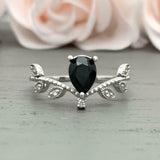 1ct Engagement Ring Pear Cut Black Diamond Leaf Vine Petite 14k WhiteGold Finish