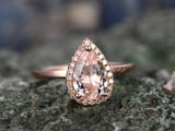1.8Ct Pear Cut Peach Morganite Halo Solitaire Engagement Ring 14K Rose Gold Over