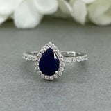 2ct Pear Cut Blue Sapphire Halo Solitaire Engagement Ring 14k White Gold Finish
