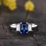 2.3ct Engagement Ring Oval Cut Blue Sapphire Diamond Trilogy 14k White Gold Over