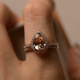 2ct Engagement Ring Pear Cut Peach Morganite Halo Bridal Set 14k RoseGold Finish
