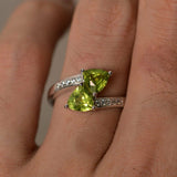 2ct Trillion Cut Green Peridot Double Stone Engagement Ring 14k WhiteGold Finish