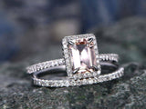2.7ct Emerald Cut Peach Morganite Bridal Set Engagement Ring 18K White Gold Over