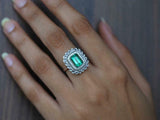 5ct Engagement Ring Green Emerald Cut Milgrain Halo Cocktail 14k White Gold Over