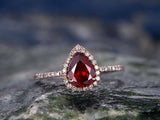 1.3Ct Pear Cut Red Garnet Halo Beau Solitaire Engagement Ring 14K Rose Gold Over
