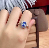 2.2ct Engagement Ring Emerald Cut Blue Tanzanite Cluster Halo 14k WhiteGold Over