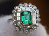 6ct Engagement Ring Green Emerald Cut Milgrain Halo Cocktail 14k White Gold Over