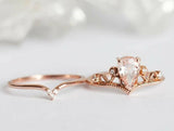 1.5ct Pear Cut Peach Morganite Crown Tiara Bridal Set Ring 14k Rose Gold Finish
