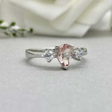 1ct Engagement Ring Pear Cut Peach Morganite Three Stone 14k White Gold Finish