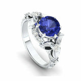 2.4ct Round Cut Blue Sapphire Engagement Ring Floral Cocktail 14k WhiteGold Over