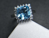 2.35ct Engagement Ring Cushion Cut Blue Topaz Floral Halo 14k White Gold Finish