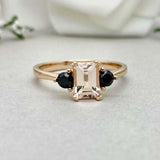 1ct Engagement Ring Emerald Cut Peach Morganite Trilogy 14k Yellow Gold Finish