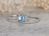 2Ct Round Cut Blue Aquamarine Diamond Bridal Set Ring Band 14K White Gold Finish