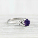 0.65ct Round Cut Purple Amethyst Floral Leaf Inspired Ring 14k White Gold Finish