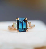 2.1ct Engagement Ring Emerald Cut London Blue Topaz Trilogy 14k Rose Gold Finish