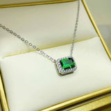 1ct Emerald Cut Simulated Green Emerald Halo Pendant Chain 14k White Gold Plated