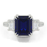 3ct Emerald Cut Blue Sapphire Engagement Ring Diamond Trilogy 14k WhiteGold Over