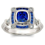 2.5ct Cushion Cut Blue Sapphire Engagement Ring 14k White Gold Finish Art Deco
