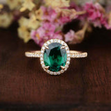 2.3ct Oval Cut Green Emerald Diamond Halo Solitaire Ring 14k Rose Gold Finish