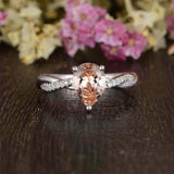 1ct Pear Cut Peach Morganite Infinity Twisted Engagement Ring 14k WhiteGold Over
