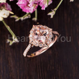 2ct Cushion Cut Simulated Peach Morganite Floral Halo Ring 14k Rose Gold Plated