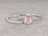 2ct Emerald Cut Morganite Bridal Wedding Set Engagement 14k White Gold Finish