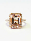 5Ct Emerald Cut Morganite Exquisite Halo Engagement Ring 14K Rose Gold Finish