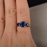 2.4ct Engagement Ring Round Cut Blue Sapphire Three Stone 14k Yellow Gold Finish
