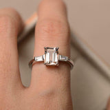 1.9ct Emerald Cut Morganite Baguette Accents Trilogy Ring 14k White Gold Finish
