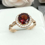 2.3ct Engagement Ring Round Cut Red Garnet Diamond Halo 14k Yellow Gold Finish