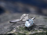 0.9Ct Oval Cut Blue Aquamarine Bypass Leaf Engagement Ring 14K White Gold Finish
