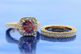 2.4ct Cushion Cut Pink Sapphire Milgrain Bridal Set Ring 14k Yellow Gold Finish