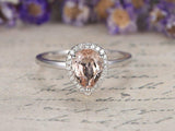 2ct Pear Cut Peach Morganite Diamond Halo Solitaire Ring 14k White Gold Finish